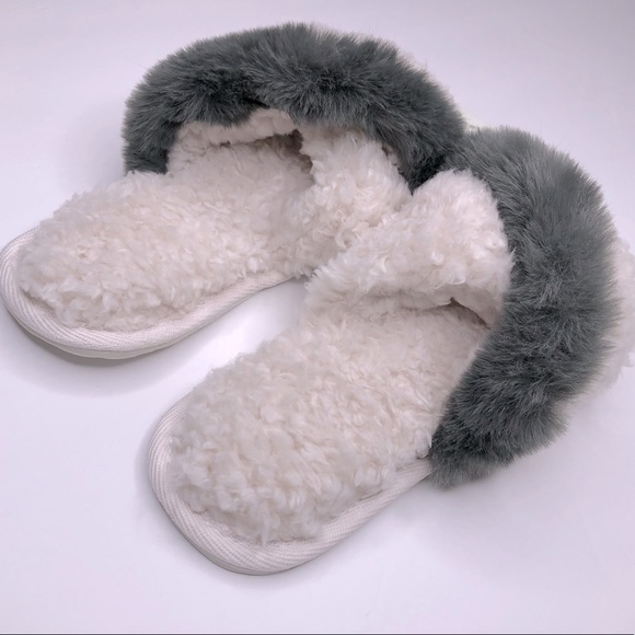 LEMON Gray Faux Fur & Creme Faux Sherpa Slippers Crisscross Style Sz S/M 5-6 - Picture 3 of 10